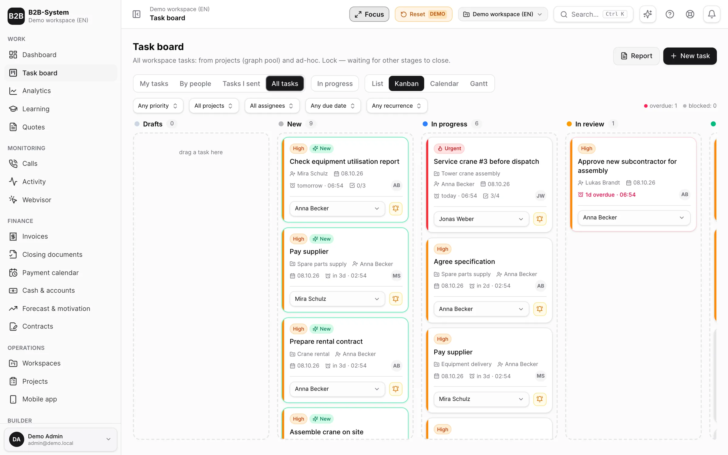 B2B System · Task board (demo, fictional data)