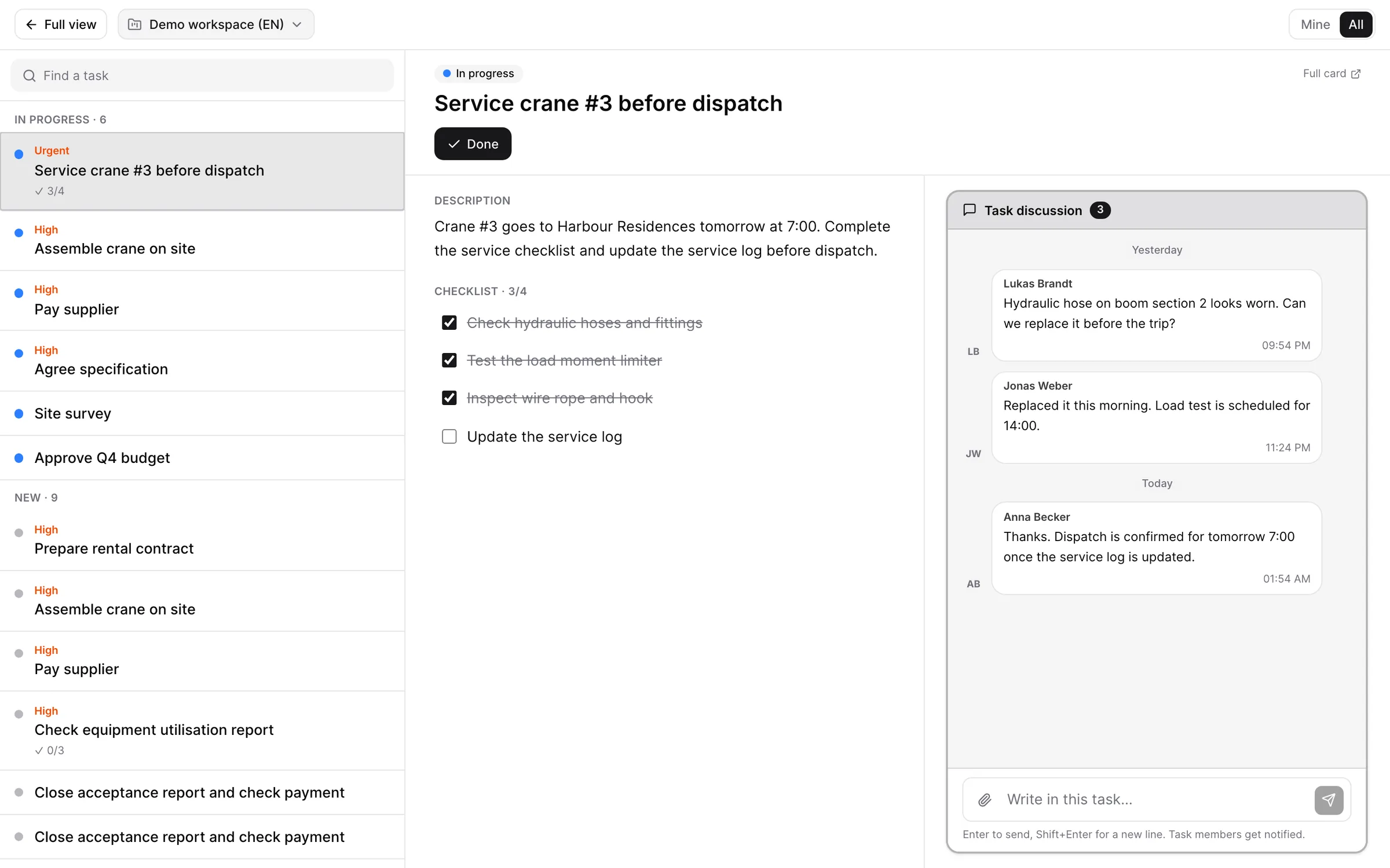 B2B System · Focus view: task, checklist and chat (demo)