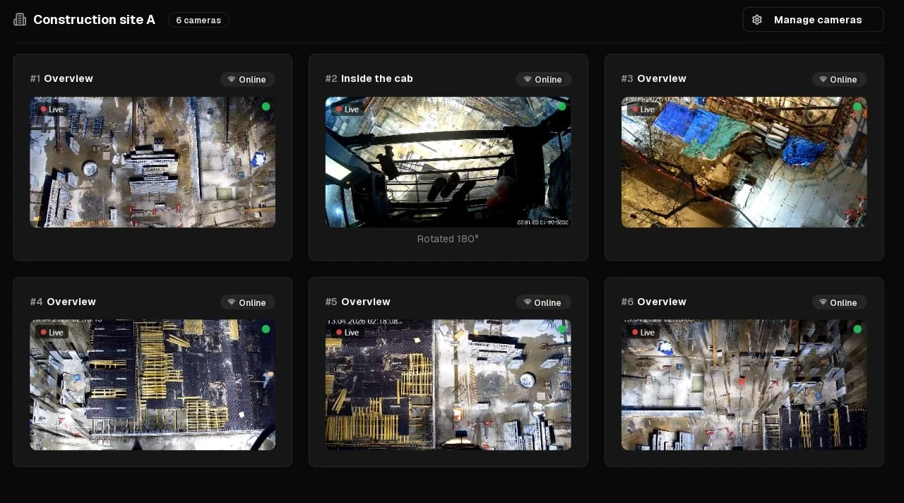 Crane-X: six camera views of a construction site, including one inside the crane cab