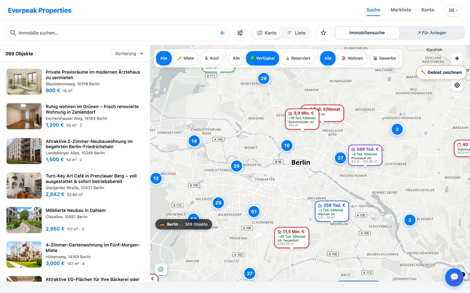 App: Objektliste und Karte nebeneinander, mit Filtern für Miete, Kauf und Verfügbarkeit.
