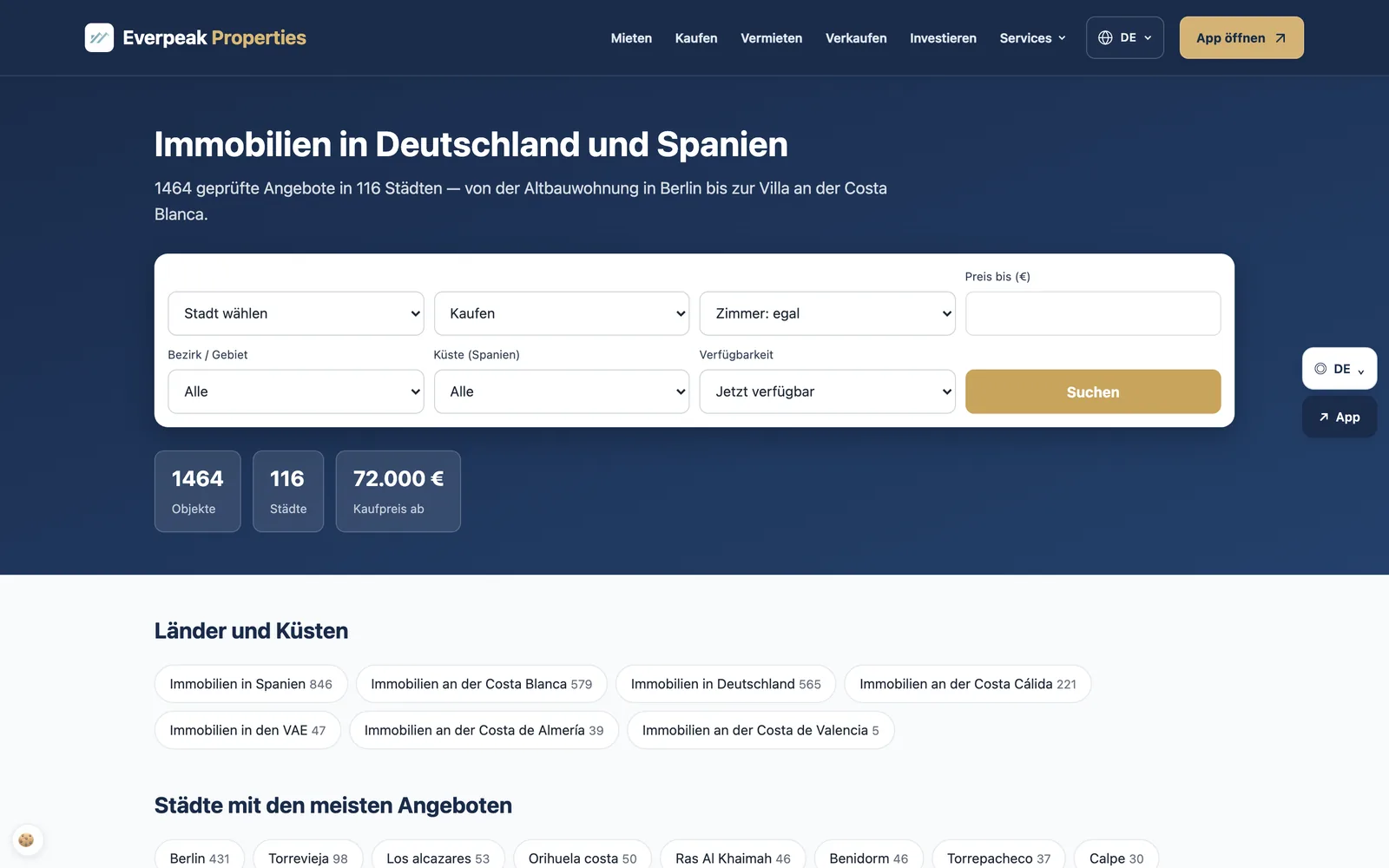 Website: Suche nach Stadt, Bezirk und Küste, in zehn Sprachen.