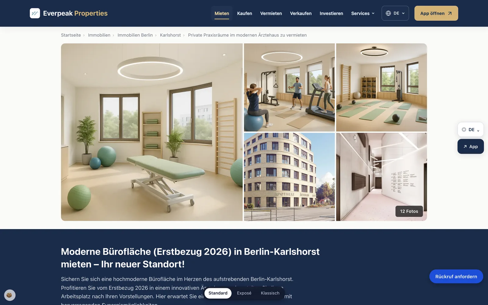 Automatisch erzeugte Objektseite mit Galerie, Beschreibung und Rückruf-Anfrage.