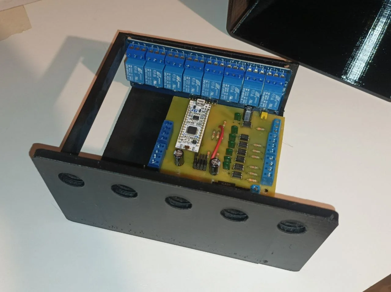 Die Platine im Gehäuse, Frontplatte mit Öffnungen für die Bedientaster.